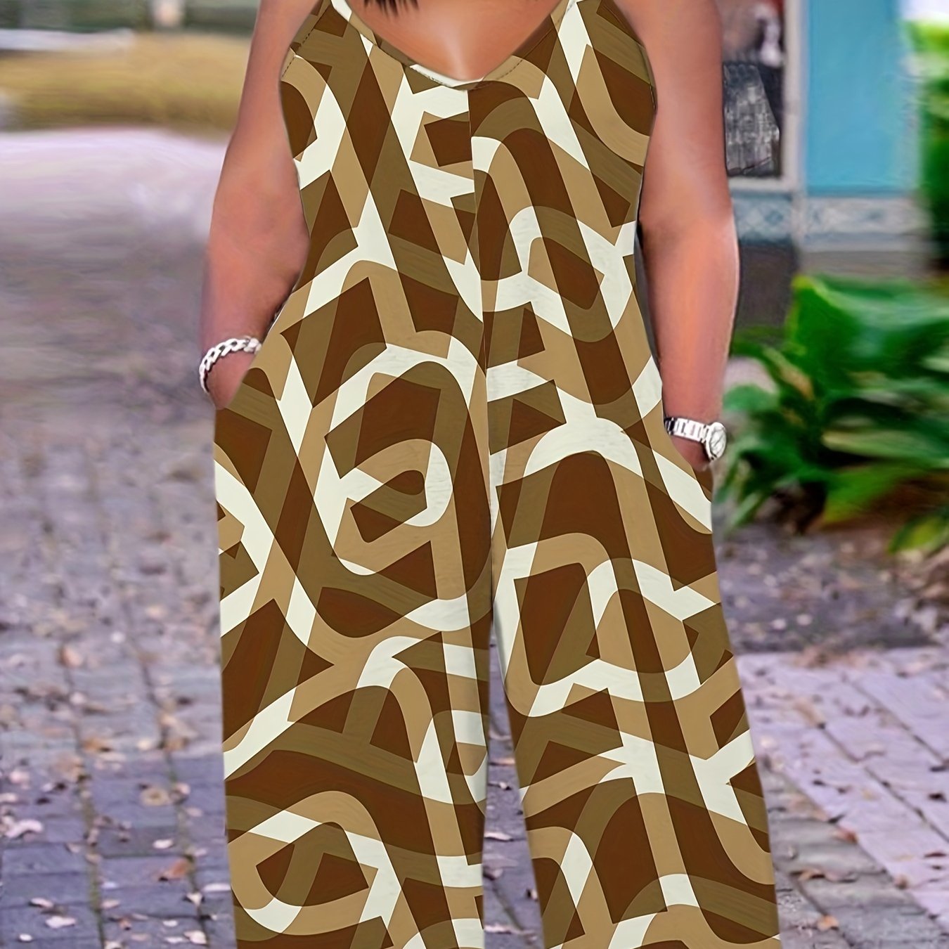 Plus Size Geometric Print Slip Jumpsuit Casual V Neck Sleeveless Pockets