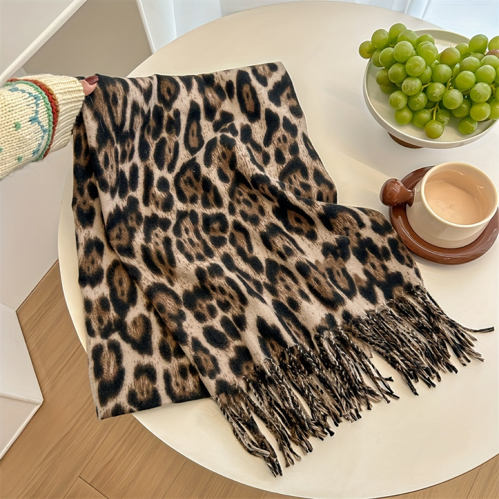 Women's Leopard Print Scarf Polyester Tassel Shawl for Autumn Winter