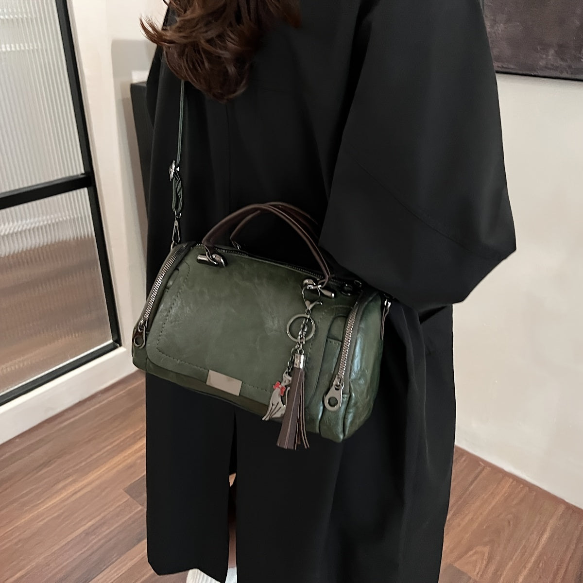 Vintage Crossbody Bag for Women PU Solid Color Casual Shoulder Handbag with Wallet