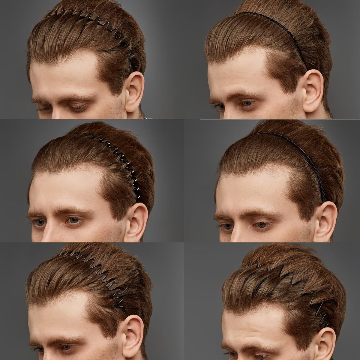 Set of 6 Black Wavy Spring Metal Hair Bands Non-Slip Elastic Headwear for Men Women