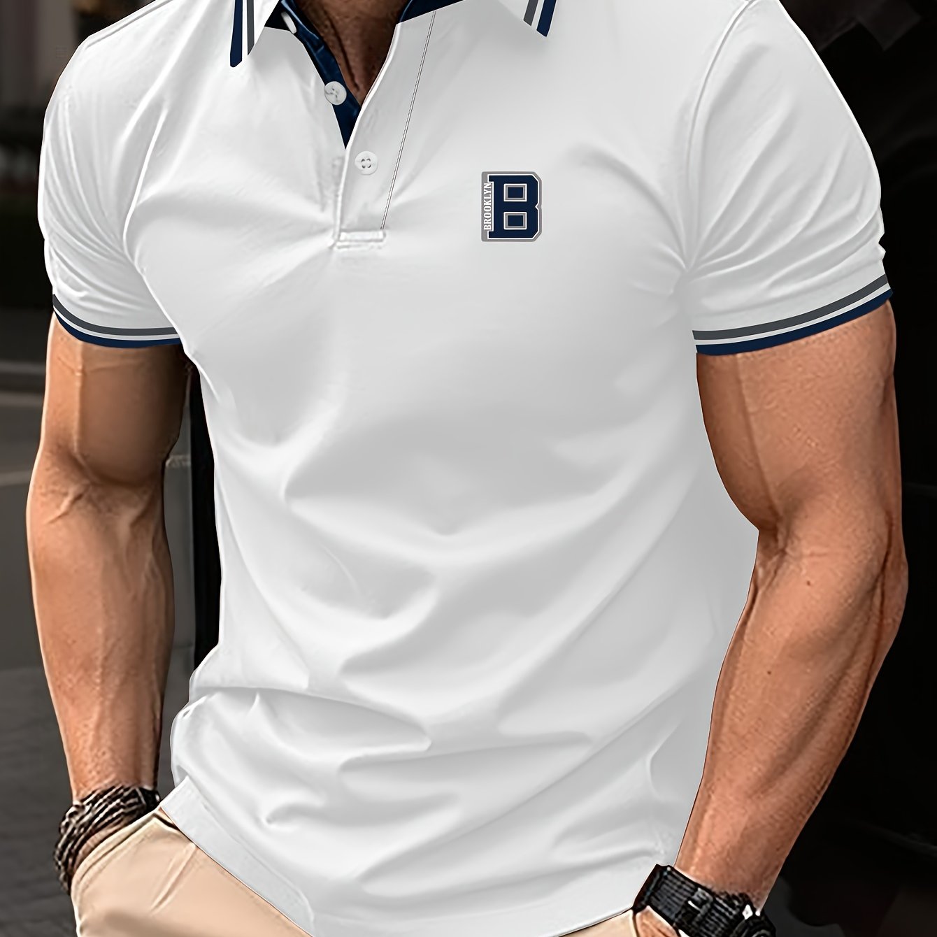 Camisa de manga corta para hombre con bloque de colores y estampado de letras, con solapa, casual para verano y golf