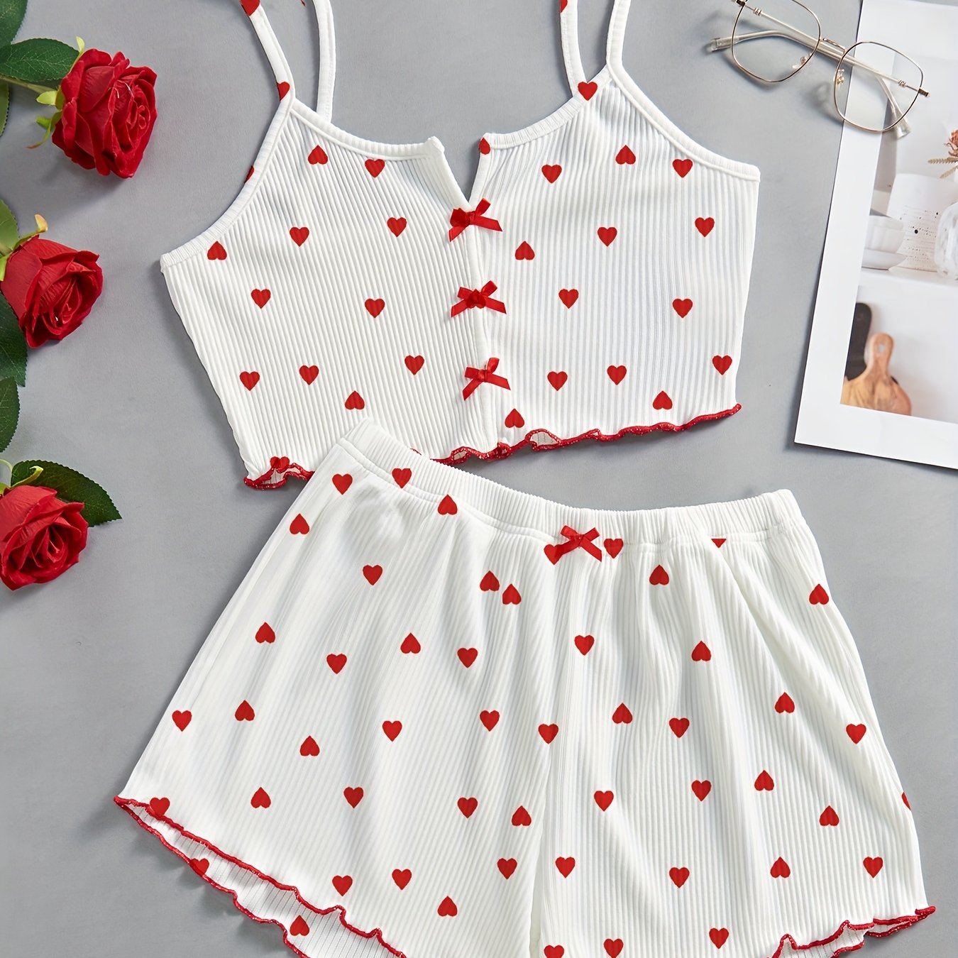 Women's Valentine's Day Heart Print Lounge Set with Lettuce Trim Camisole and Elastic Shorts