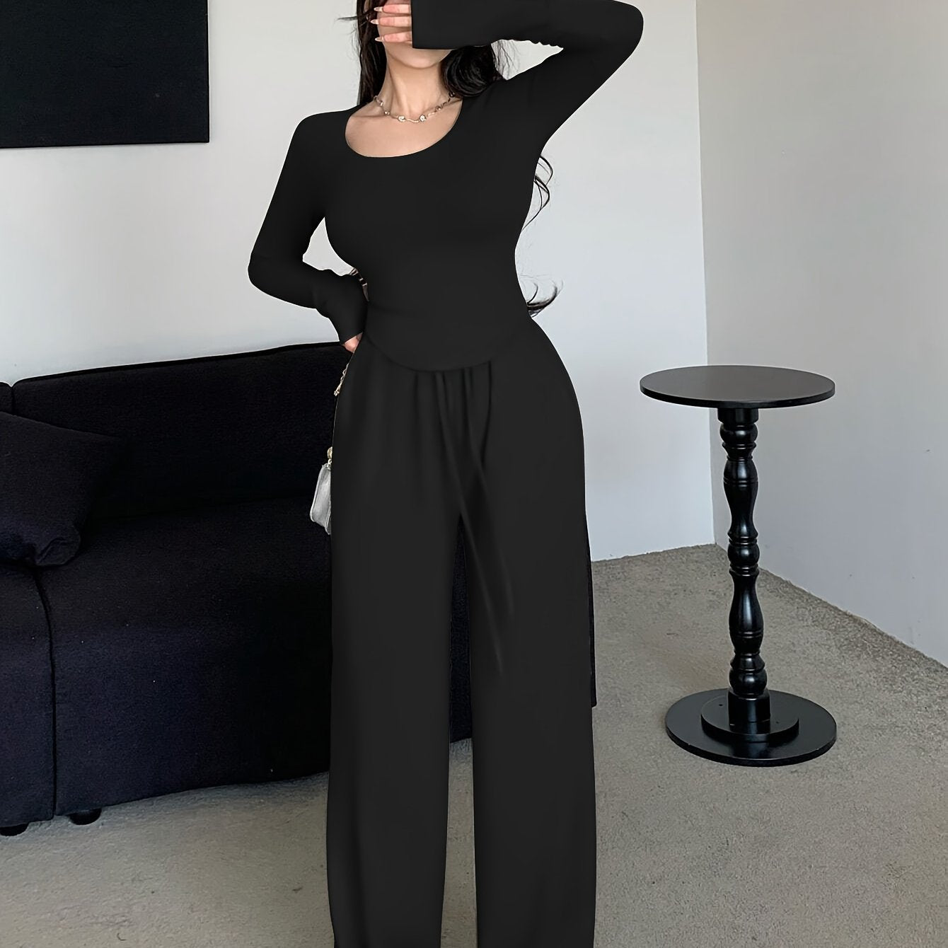 Women's Fall Winter Polyester Crew Neck Top and Loose Fit Pants Loungewear Set