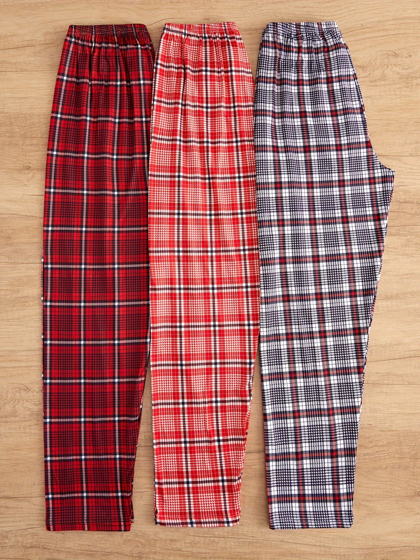 Women's Plaid Sleep Pants 3-Piece Set Cozy Lounge Casual Knit Polyester with Bow