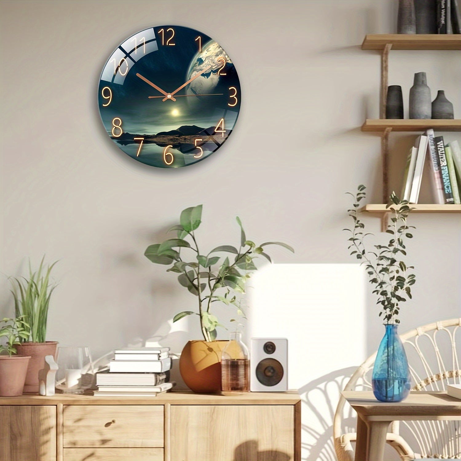 12" Беззвучные стеклянные настенные часы с дизайном земного пейзажа - Работают от батареек, Отлично подходят для декора гостиной и спальни, Идеальный подарок на праздники и дни рождения.