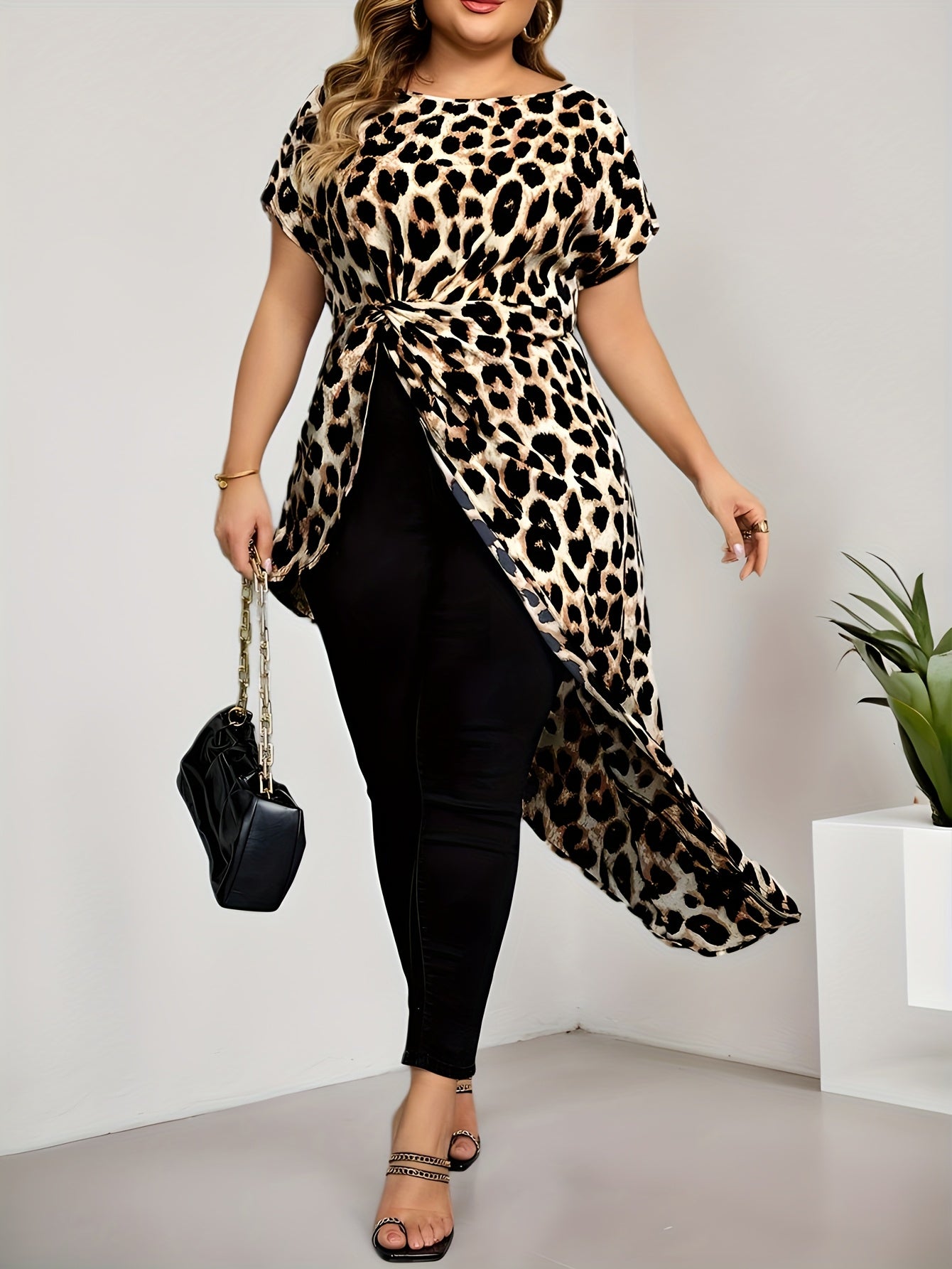 Women's Plus Size Leopard Print Maxi Dress with Asymmetrical Hem and Side Slit