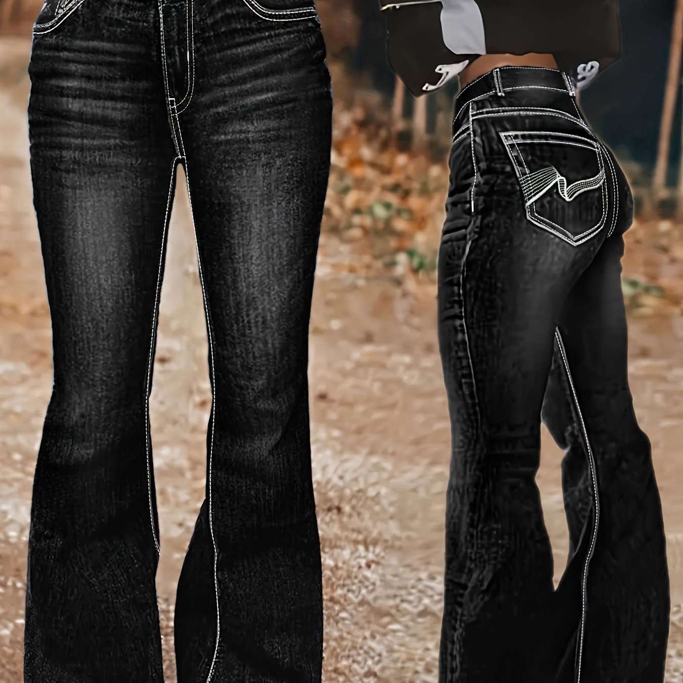 Plus Size Women's High-Waisted Flared Jeans Black Geometric Embroidery