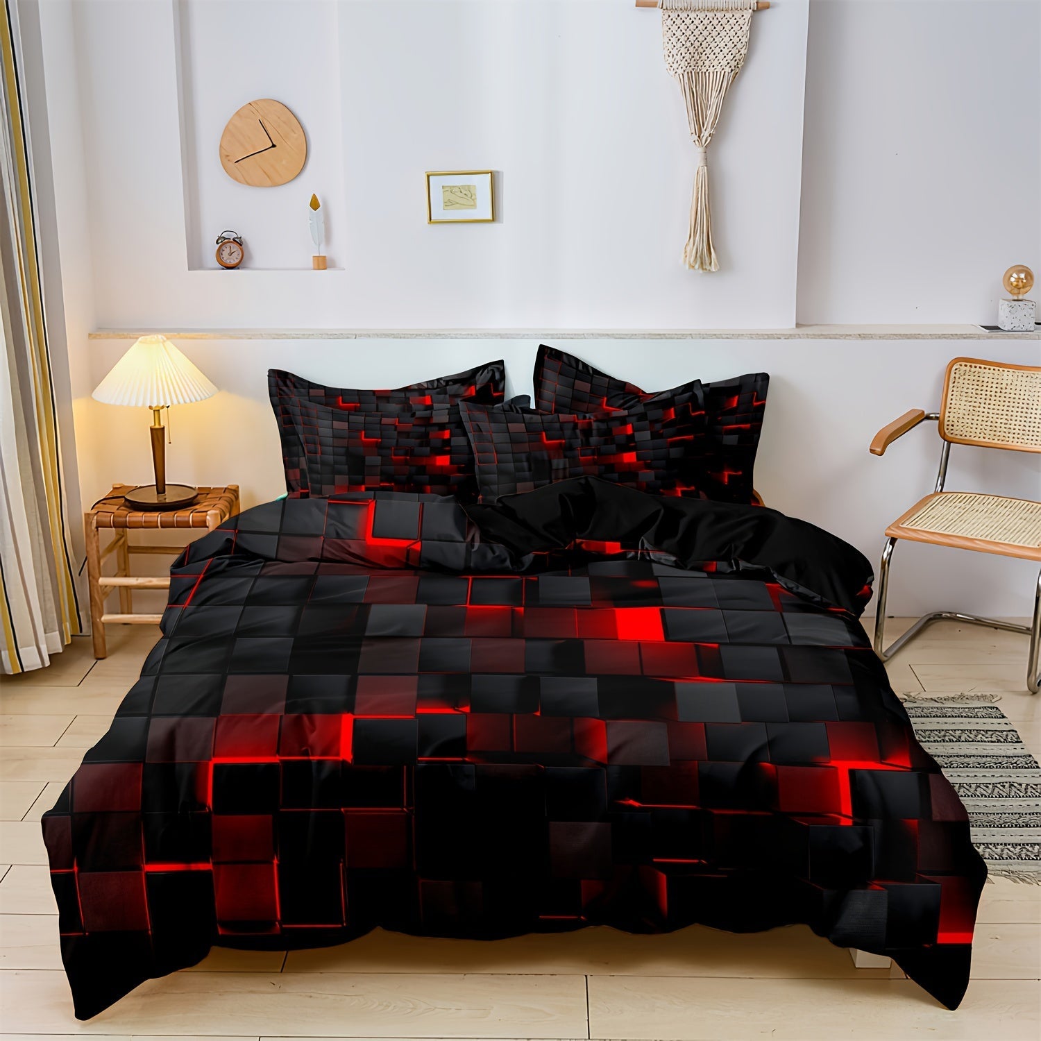 Conjunto de funda nórdica con patchwork en rojo y negro con fundas de almohada, hipoalergénico, poliéster, lavable a máquina, individual, doble, reina, tamaño king