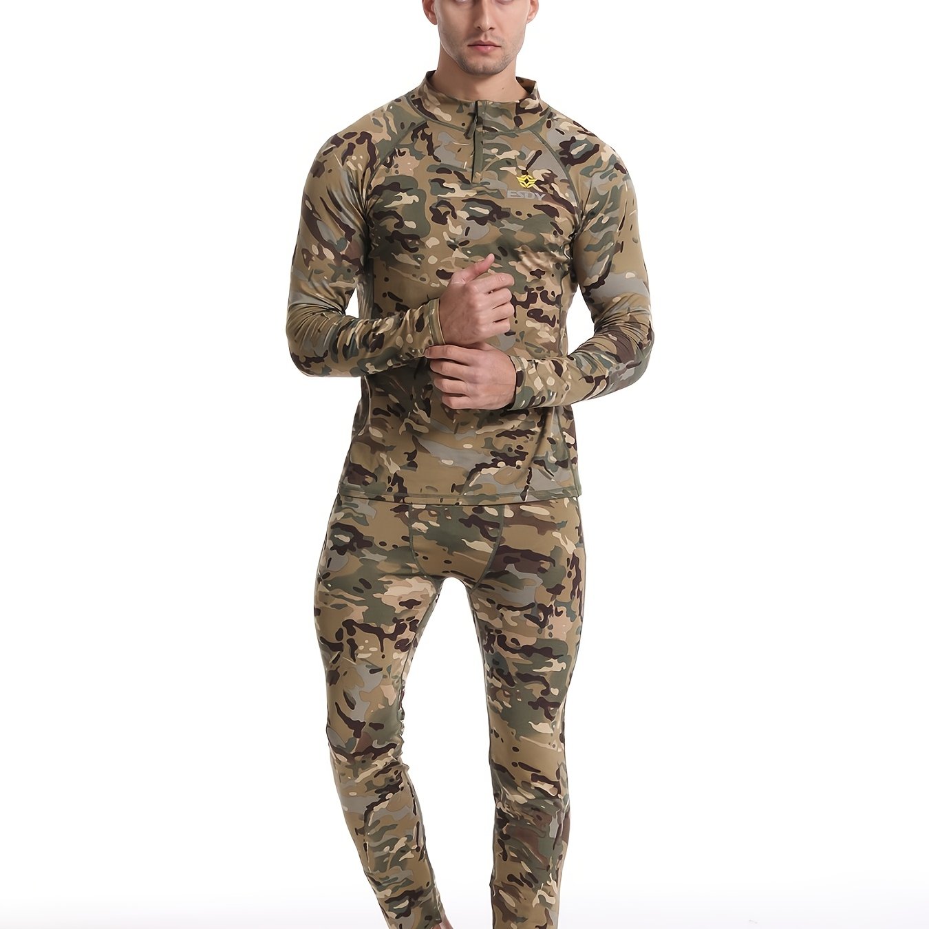 ESDY erkaklar uchun Combat Shirt va Camo Leggings to'plami yuqori cho'ziluvchan tikuv mato bilan zippersi bilan. Tor fit, uzun qo'l, 90% polyester va 10% spandexdan tayyorlangan. Sayohat va ochiq havoda foydalanish uchun ideal.