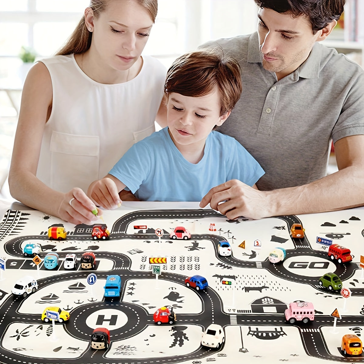 Alfombra de juego para niños en blanco y negro con diseño de mapa de tráfico urbano impermeable