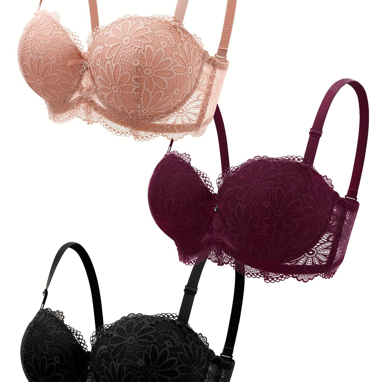Women's Lace Push Up Bras with Contrast Design and Bow Tie Detail