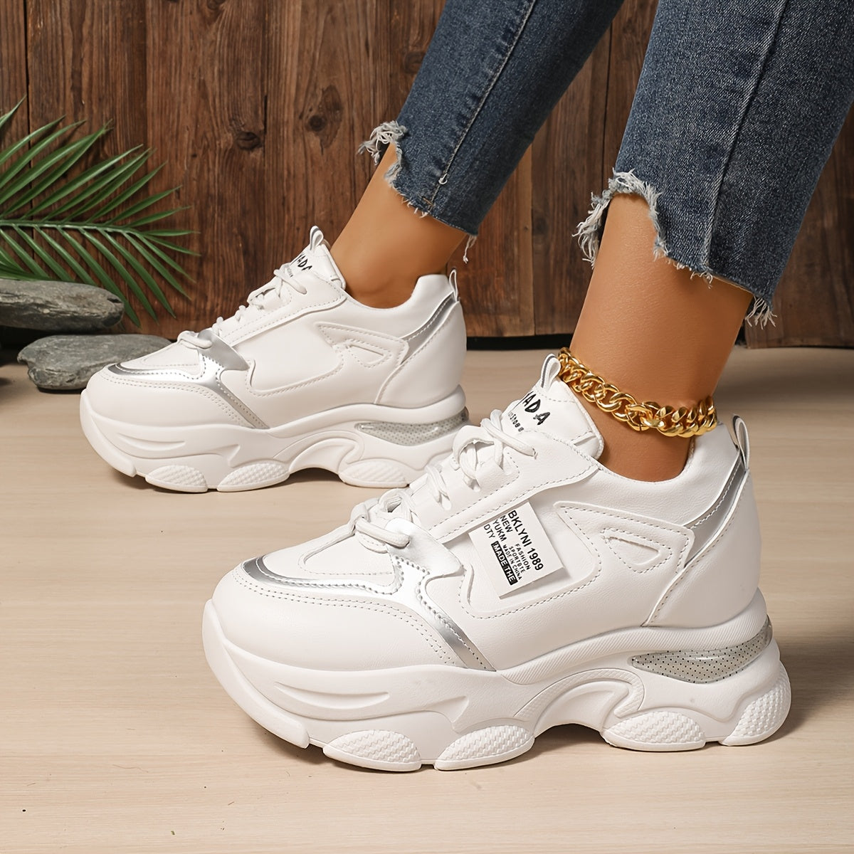 Women's Chunky Sneakers with Wedge Heel Casual Lace-Up Low Top Rubber Sole
