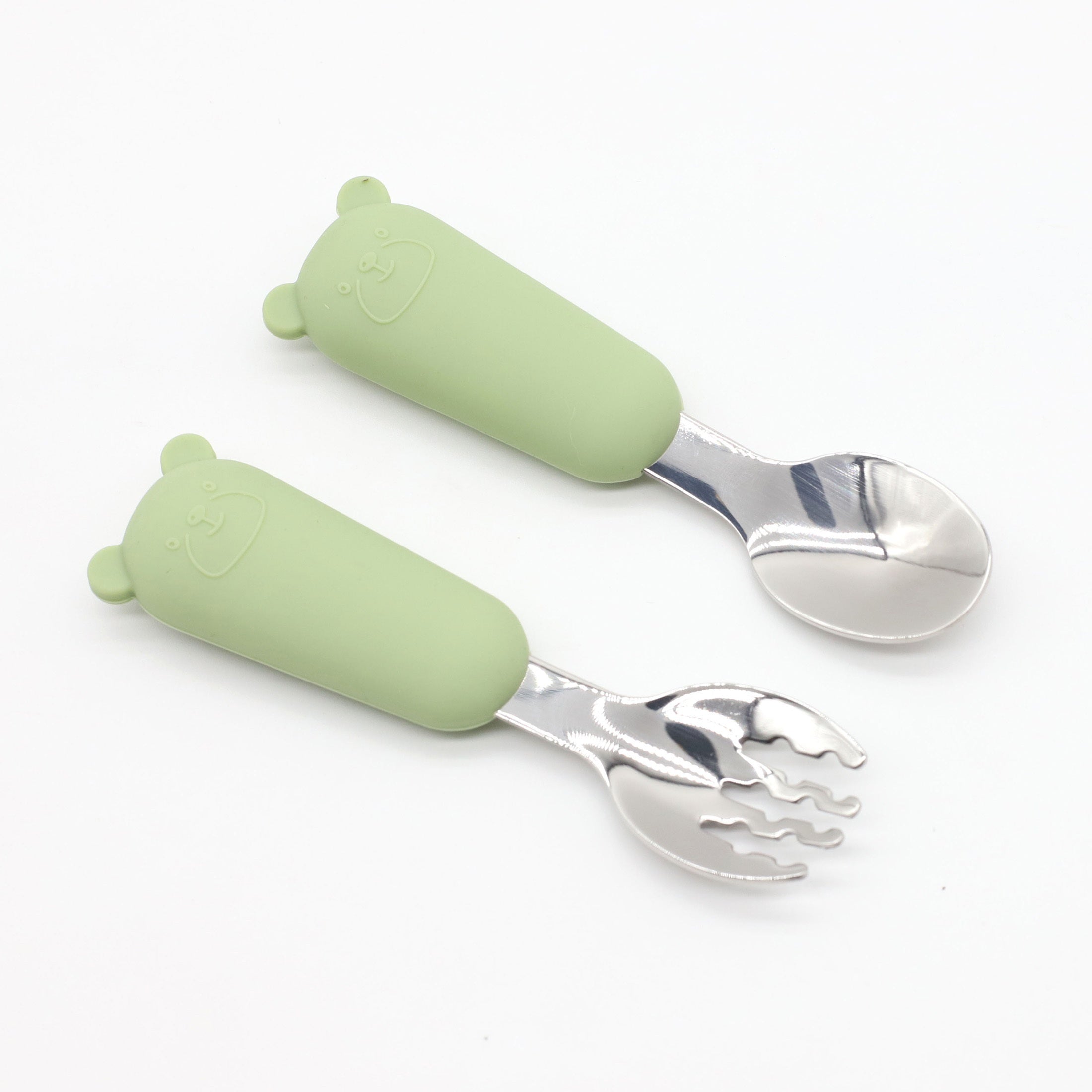 Baby Feeding Utensils Set Silicone and Stainless Steel Bear Shape for Babies Red Blue