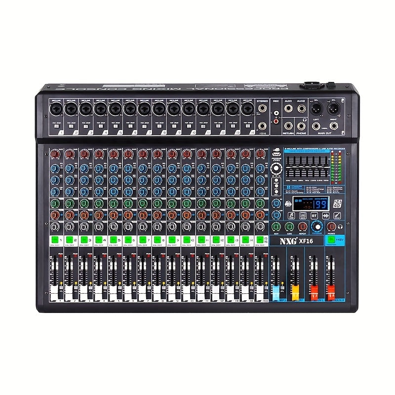 'NXG XF8/12/16 Professional Mixer Soundboard 8/12/16 kanalli, USB MP3 kompyuter kirishi, 48V fantom quvvati, 99 ta reverb effektlari va yozish funksiyasi bilan.'