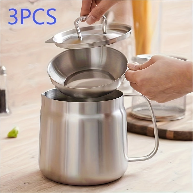 Stainless Steel Oil Filtering Set 3 Pieces 2L Container Fine Mesh Screen