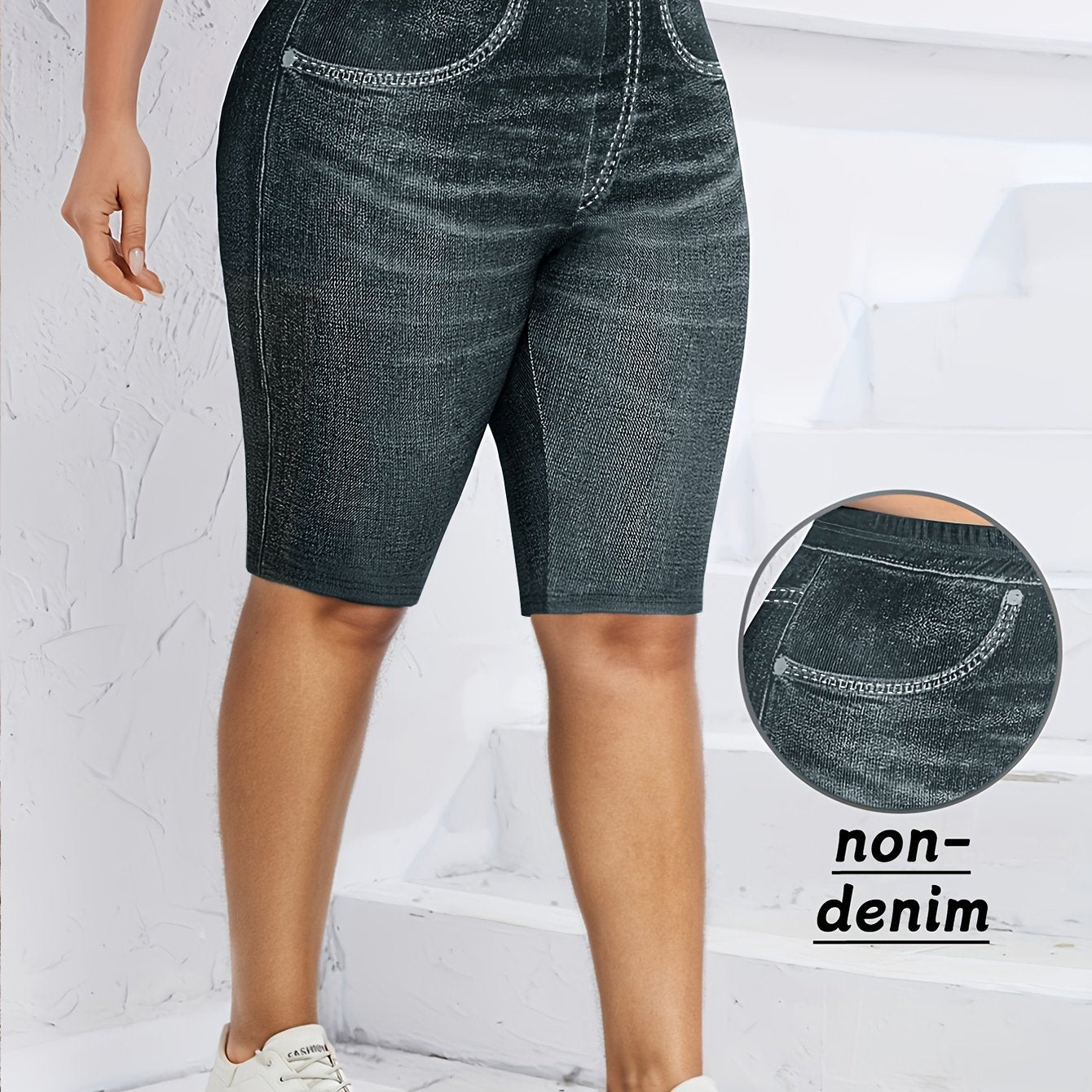 Plus Size Women's Stretchy Denim-Print Mid-Length Shorts Faux Pockets All-Season