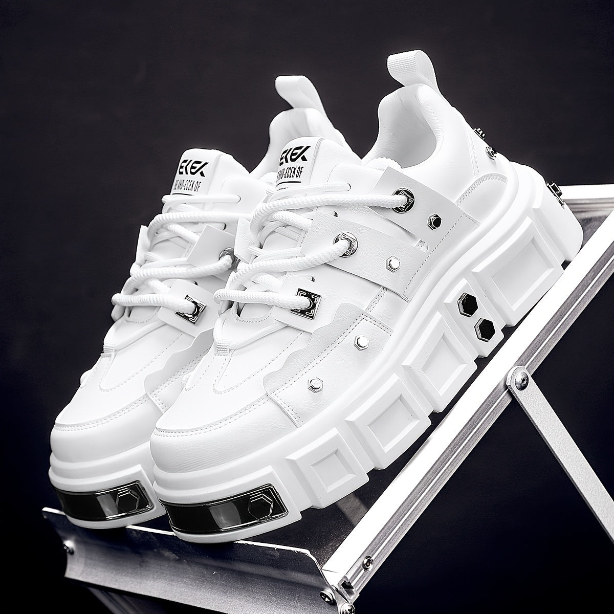 Unisex White Chunky Sneakers with Metal Stud Accents for Streetwear and Skateboarding