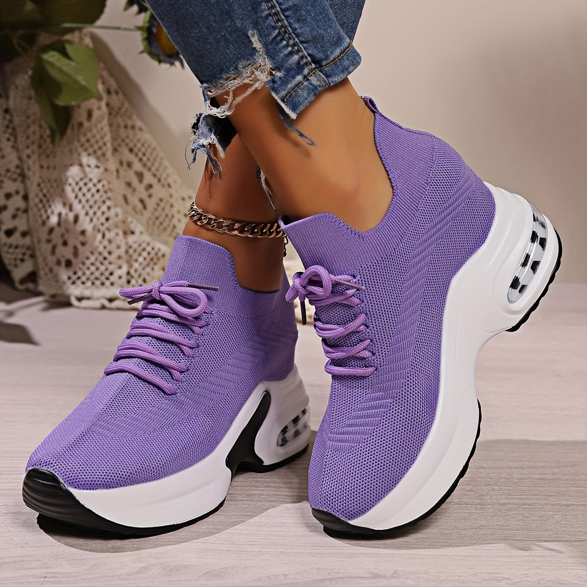 Women's Solid Color Knitted Sneakers, Lace-Up Platform Walking Shoes