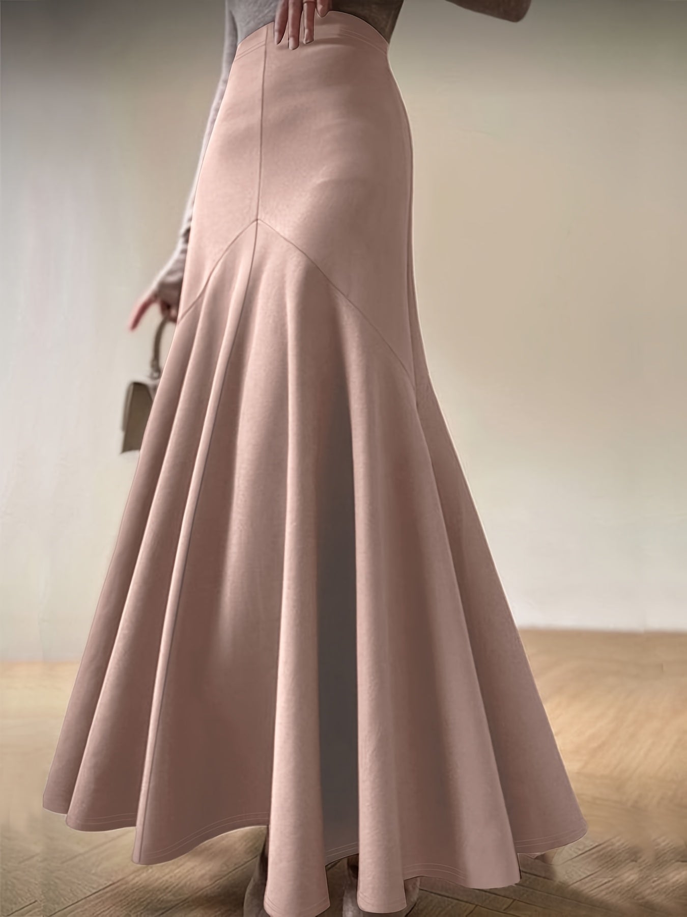 Falda midi acampanada para mujer de talla grande, rosa suave, de cintura alta, para todas las estaciones