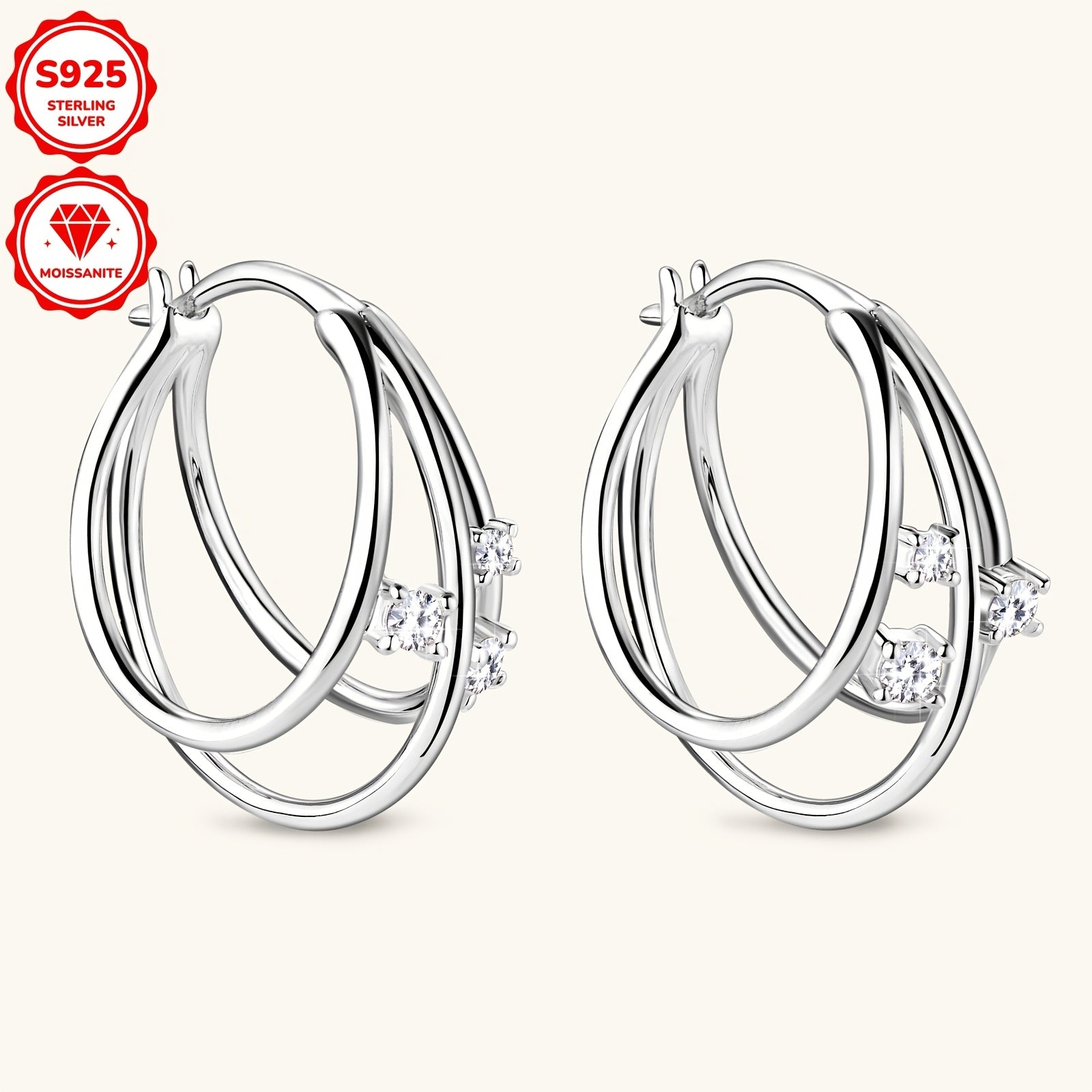 Sterling Silver Women's Hoop Earrings with Moissanite 3 Pairs 2mm 1.5mm