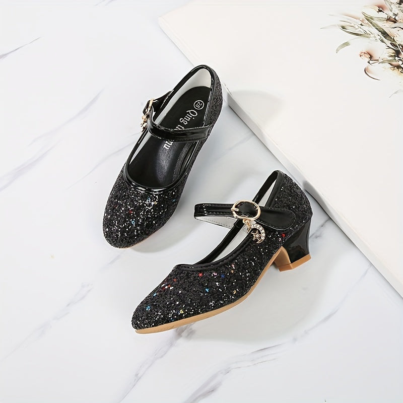 Girls' Crystal High-Heeled Shoes with Glitter and Sequins for Weddings and Parties
