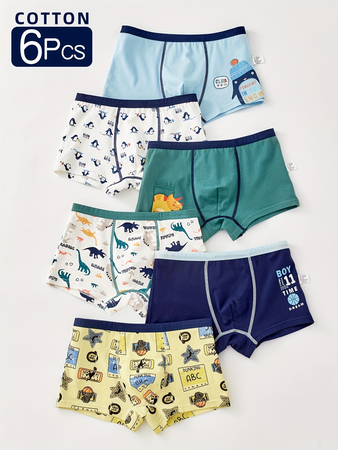 6-Pack Boys' Cotton Boxer Briefs with Cartoon Patterns for Kids 12 and Under