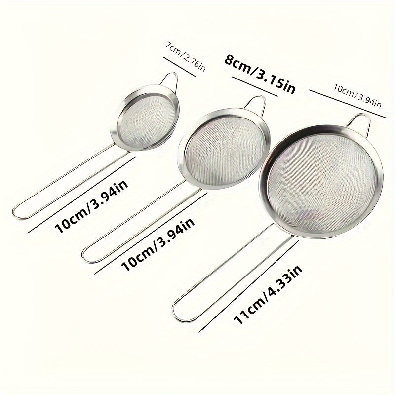 Set of 3 Stainless Steel Strainers for Baking, Filtering Egg Yolks, Kitchen Tool