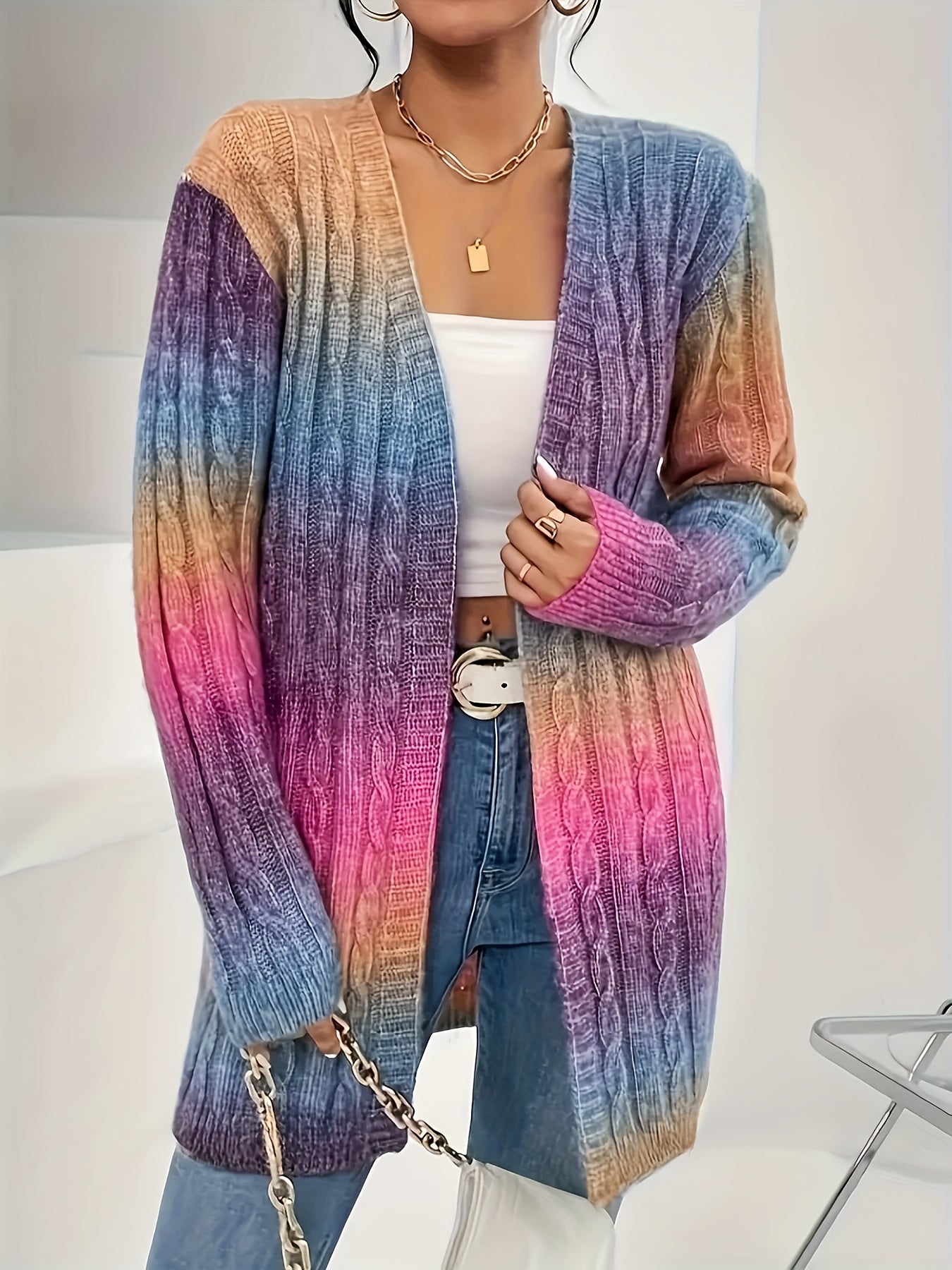 Plus Size Ombre Cable Knit Cardigan Open Front Long Sleeve Sweater Womens
