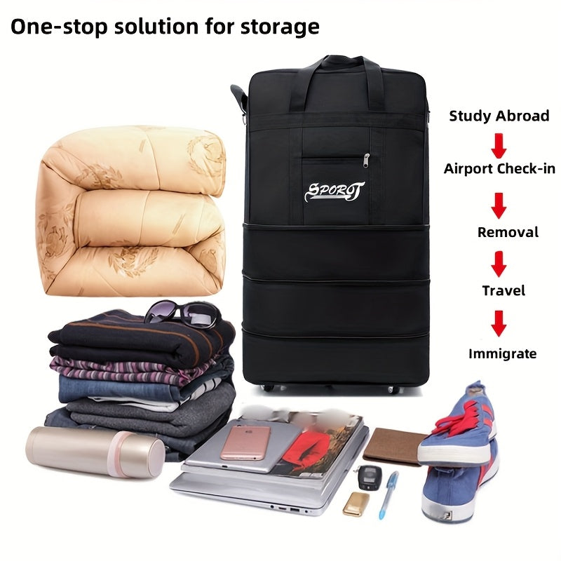 Katta hajmli yig‘iladigan sayohat sumkasi, suv o'tkazmaydigan Oxford sport sumkasi, aylanadigan g‘ildiraklar bilan