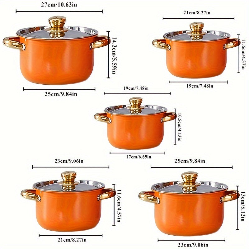 Set of 5 Orange Stainless Steel Cookware Pots with Lids for All Stovetops
