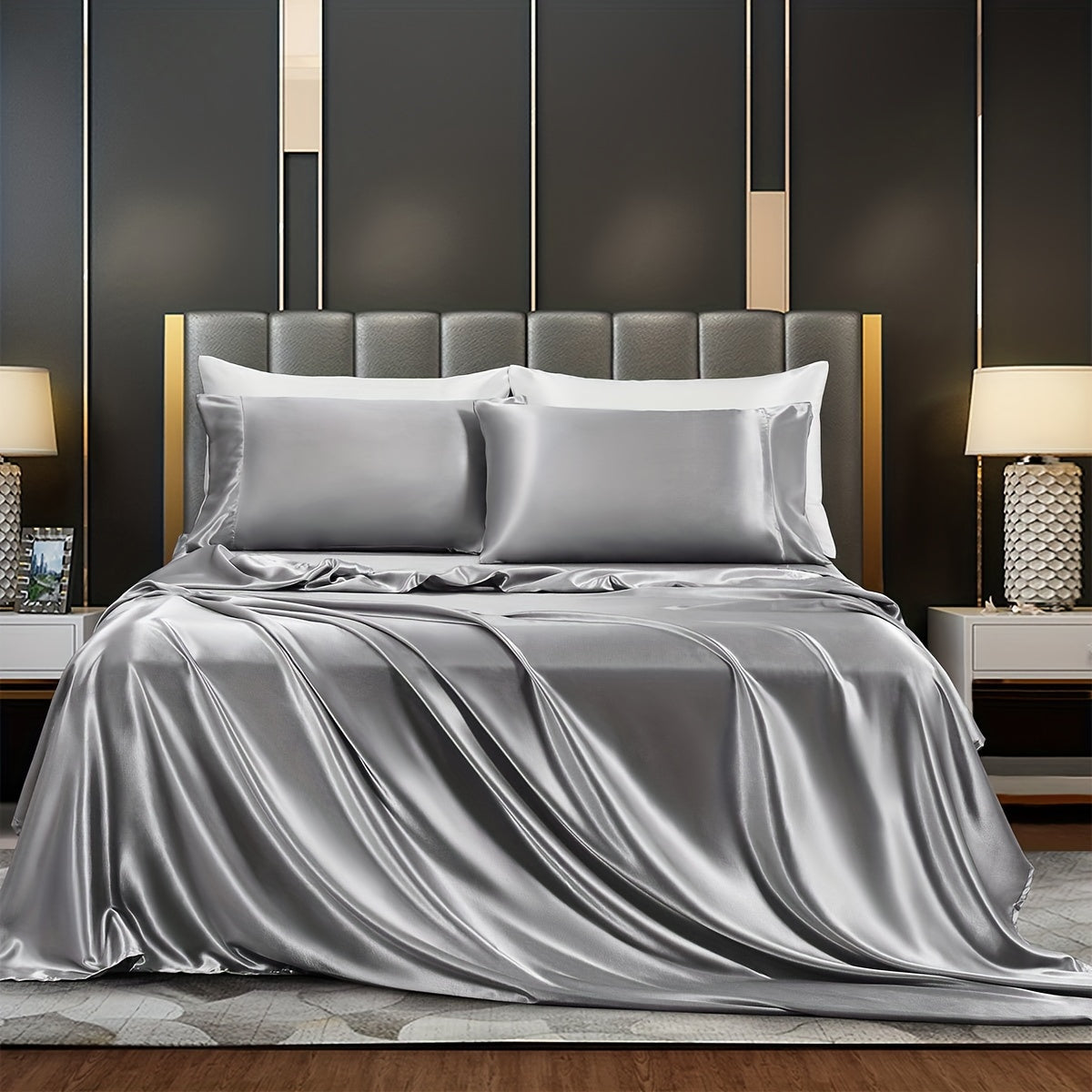 Satin Bed Sheets Set Fitted and Flat Sheets with Pillowcases for Bedroom