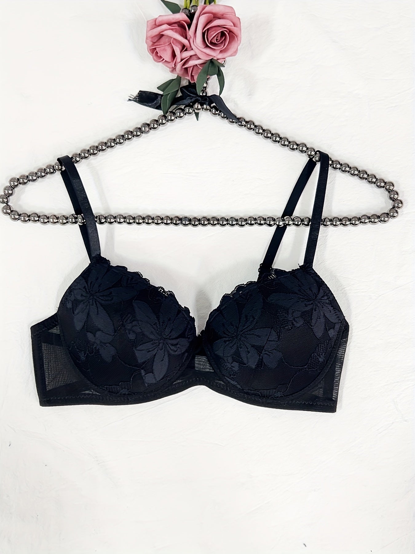 Women's Floral Embroidered Lingerie Set with Push-Up Bra and Thong