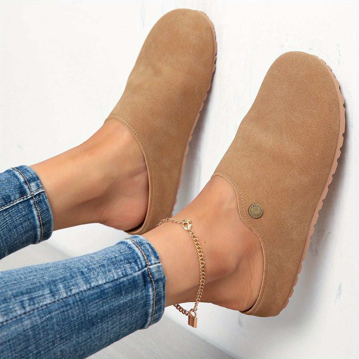 Women's Tan Mules Flat Slip-On Loafers with Ankle Strap