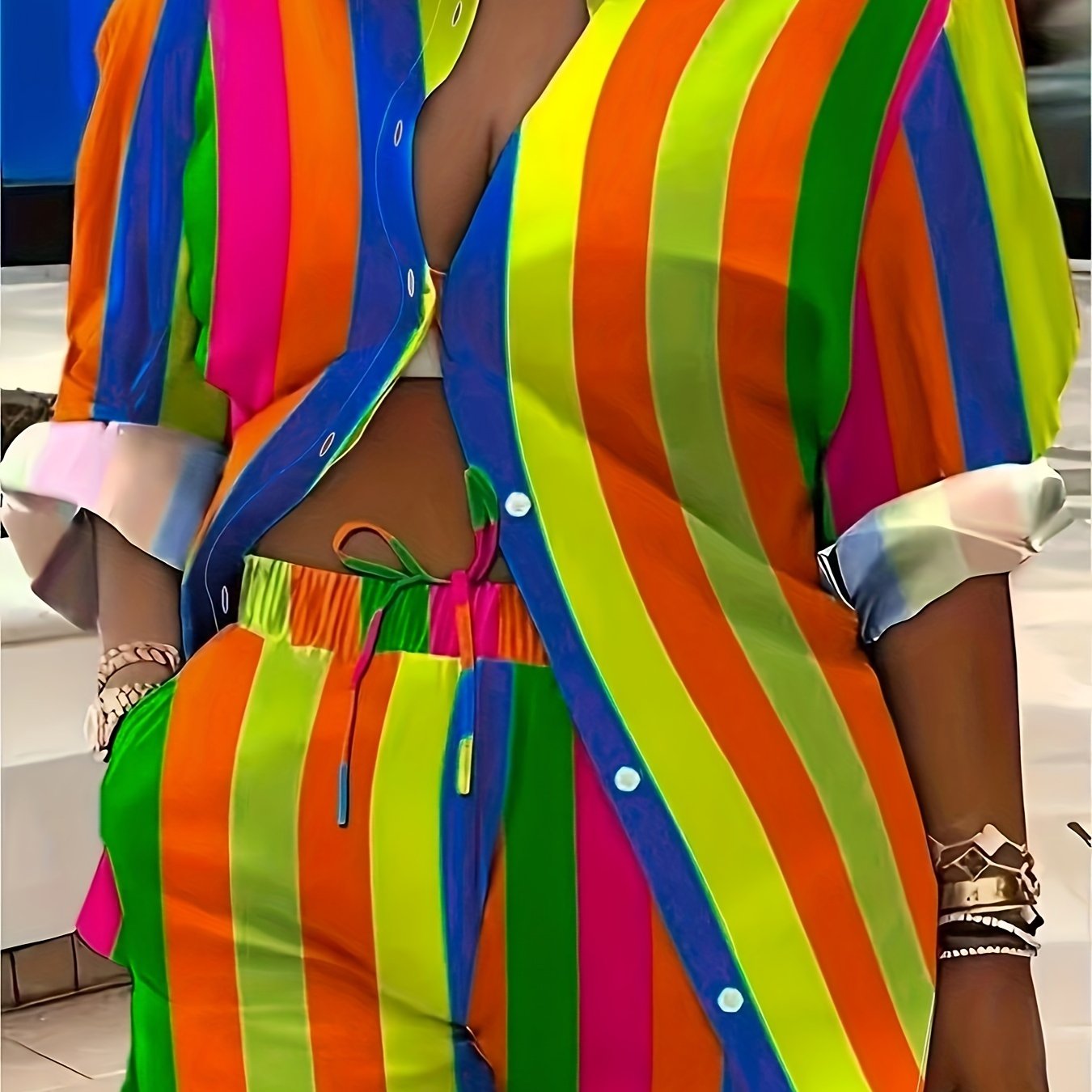 Pushti chiziqli ikki qismli to'plam, uzun qo'lqopli tugmachali ko'ylak va elastik belga ega shortlar bilan. Cho'zilmaydigan polyesterdan tayyorlangan va mashinada yuvish mumkin. Norasmiy foydalanish uchun ideal.