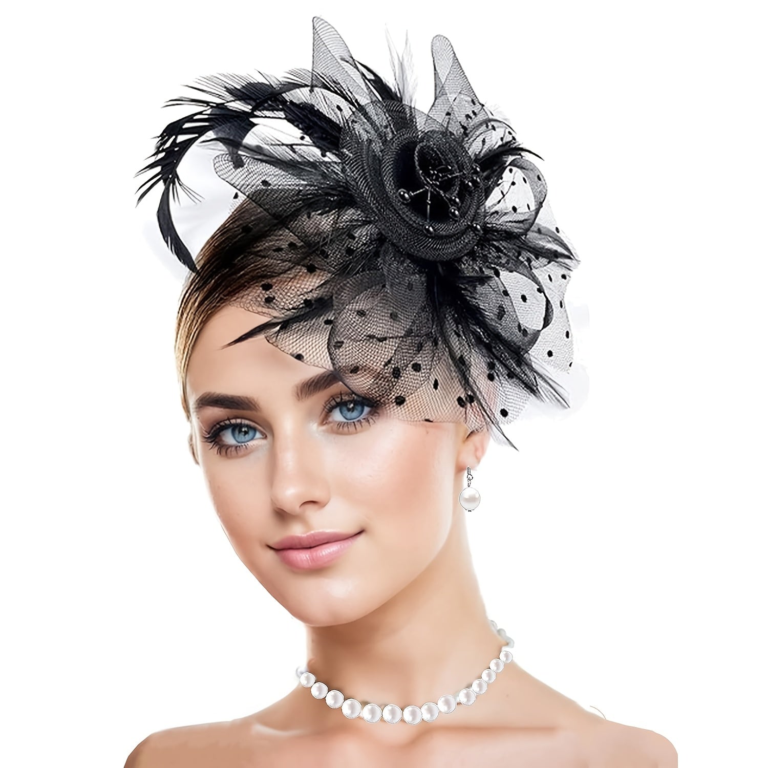 Flower-Decorated Headband with Feathers and Mesh for Weddings and Celebrations