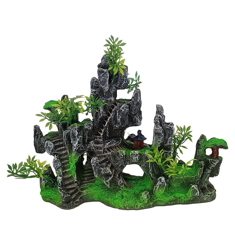 Resin Aquarium Decoration with Mountain Design and Miniature Plants