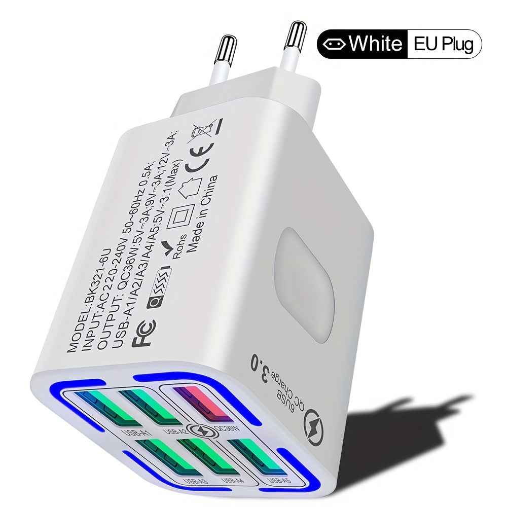 6-Port USB Wall Charger 36W QC3.0 Fast Charging European Plug for iPhone Samsung