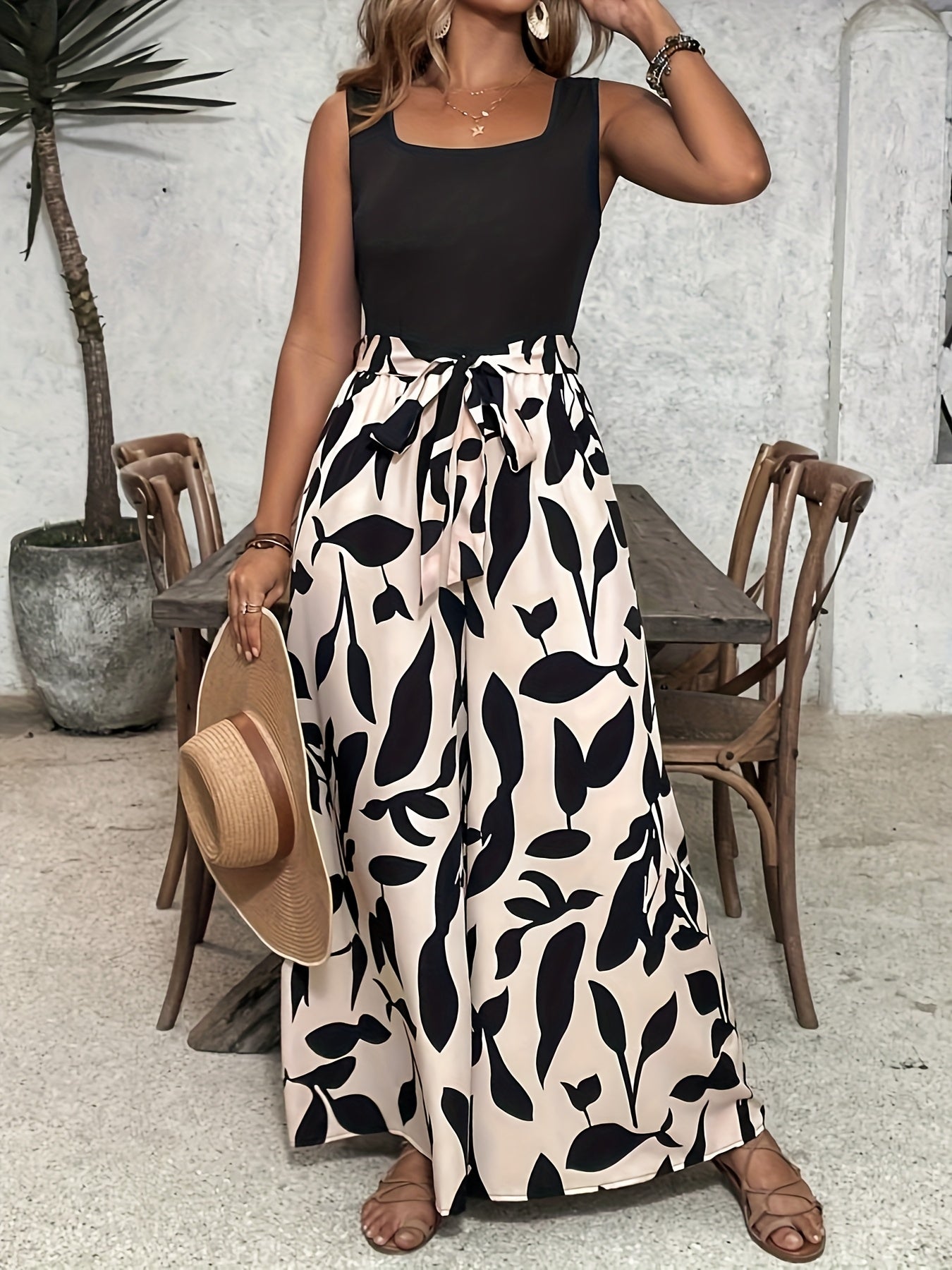 Plus Size Women's Floral Print Sleeveless Jumpsuit Loose Fit Wide Leg Ootfit