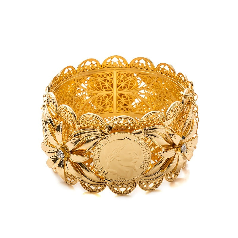 Gold-Plated Bridal Bangle with Floral and Coin Design for Women Wedding Party