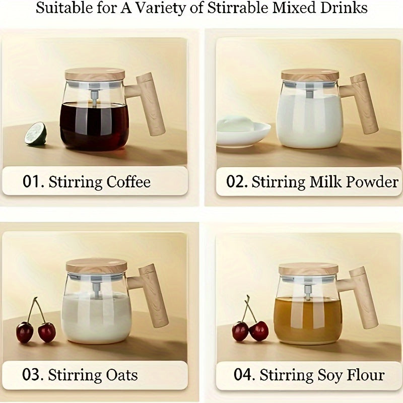 Rechargeable Glass Stirring Cup 13.5oz Self-Stir Coffee Milk Protein Shaker