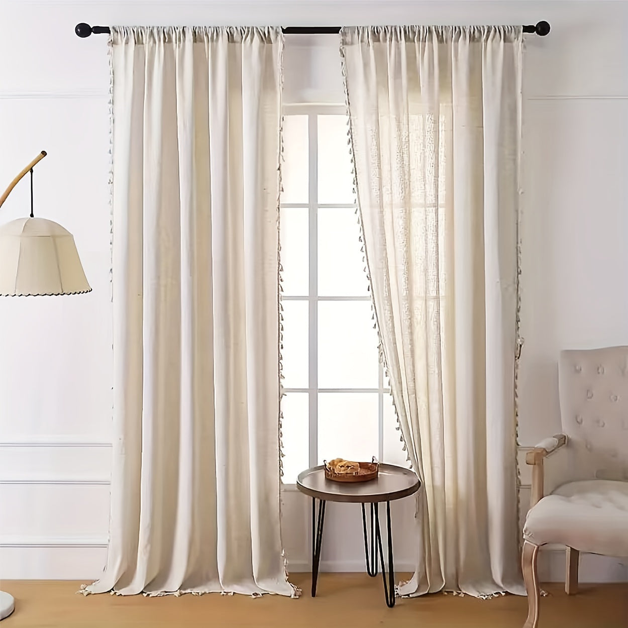 Light-Filtering Polyester Curtain with Rod Pocket and Woven Design for Bedroom Living Room Balcony