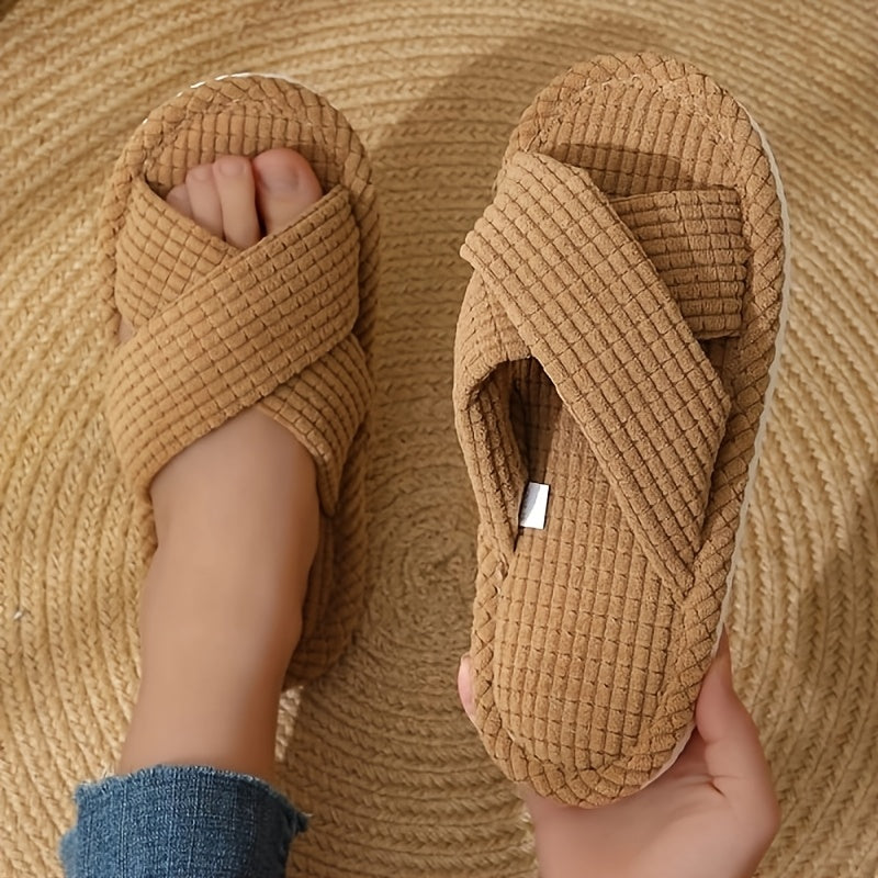 Women's Pink Waffle Weave Slip-On Slippers with Cross Strap for Bedroom Bathroom