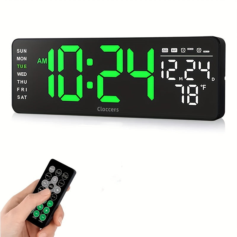 Large screen digital wall clock with indoor temperature date week display desk countdown timer 10-level brightness auto light LED dual alarm remote