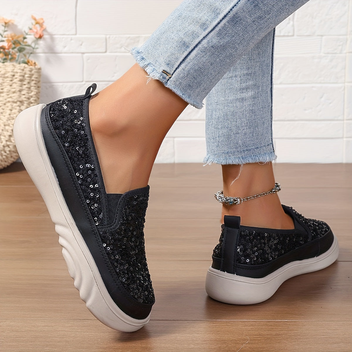 Women's Sequin Embellished Loafers Black White Casual Breathable Shoes