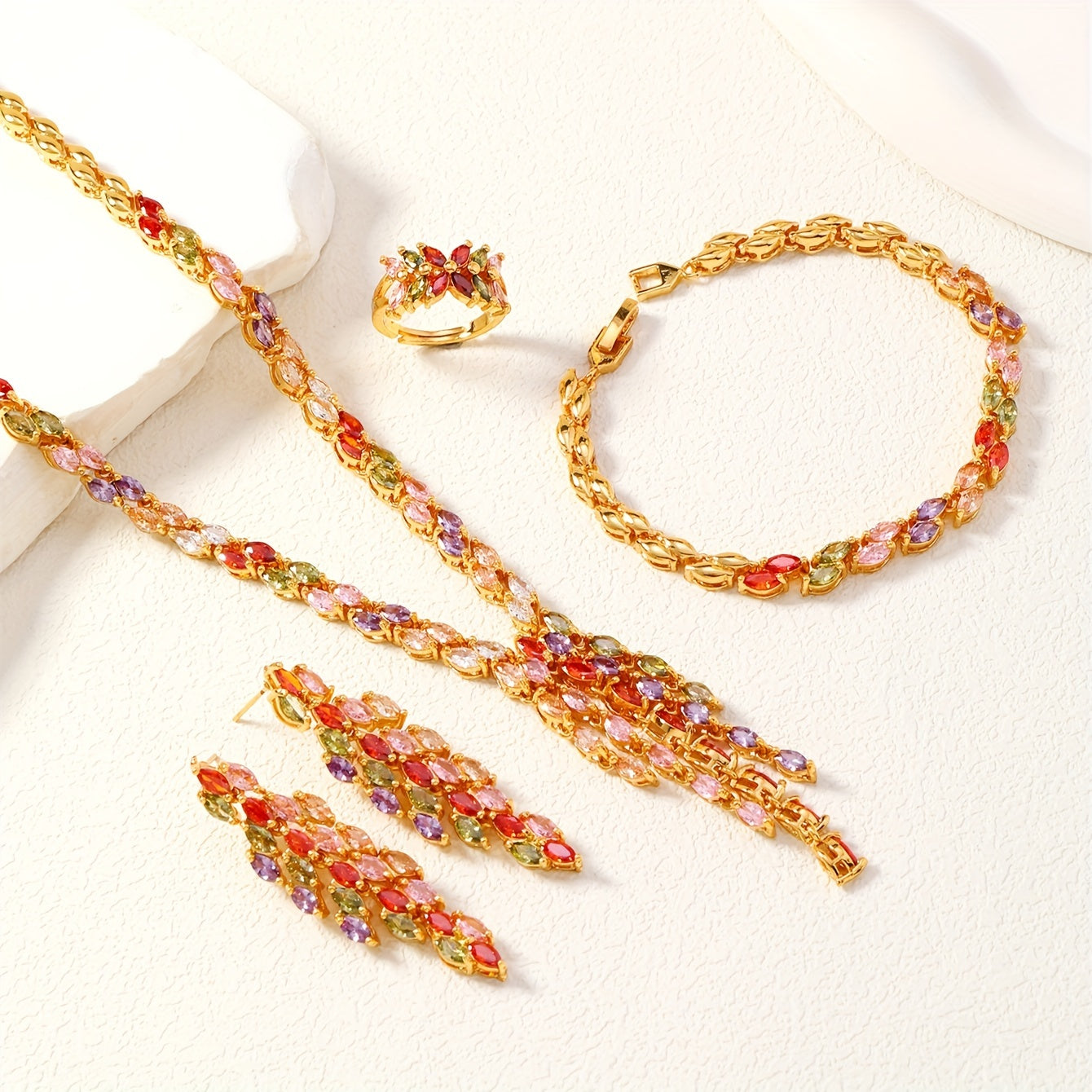 Middle Eastern Saudi Arabian Wedding Jewelry Set with Necklace Bracelet Earrings Ring Copper Cubic Zirconia Women