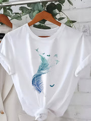 Women's Plus Size Casual T-Shirt with Bird Print, Soft Stretchy Fabric