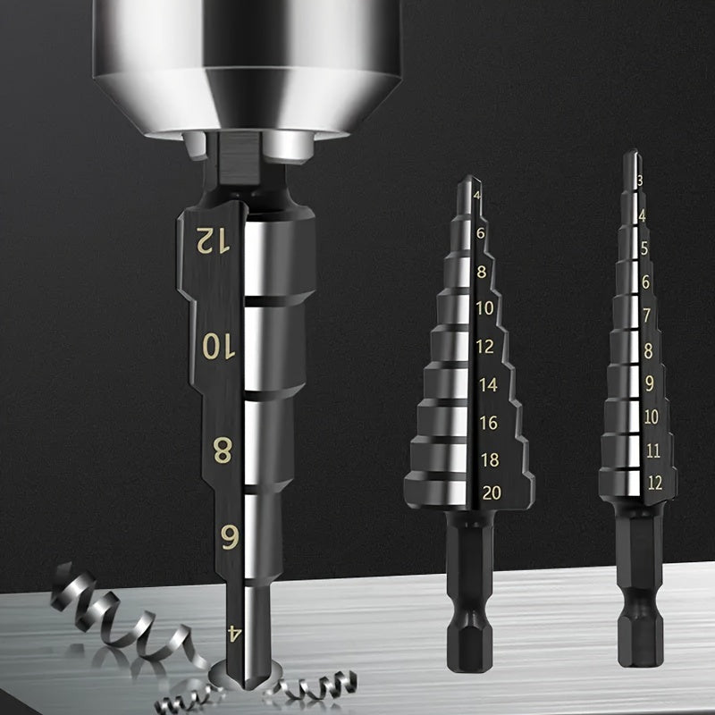 3pcs Titanium Coated High Carbon Steel Step Drill Bit Set Rust Water-Resistant for Carpentry