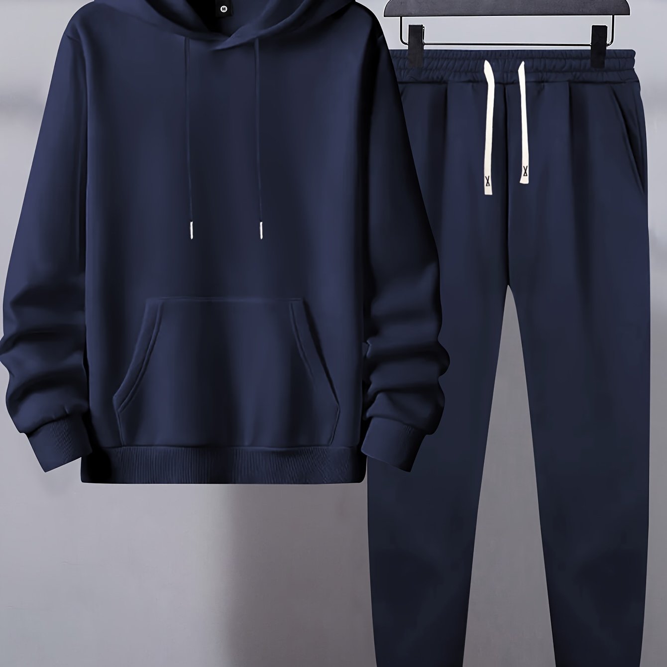 Men's Polyester Sweatsuit Set Hooded Sweatshirt and Joggers with Pockets Solid Color Regular Fit for Spring Fall