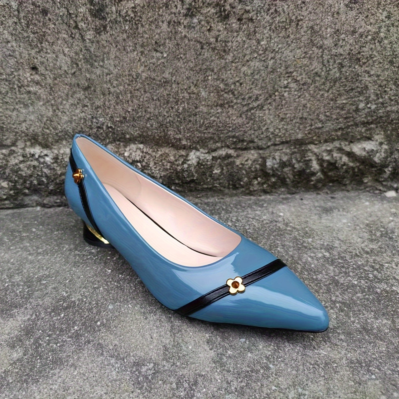 Zapatos de mujer con tacón medio y tacón de bloque con decoración de flores, punta afilada, casual