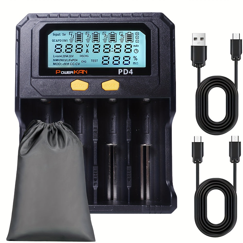 4-Slot USB Rechargeable Battery Charger with LCD Screen and Intelligent PD Charging for 18650 LiFePO4 Ni-MH Ni-CD Batteries